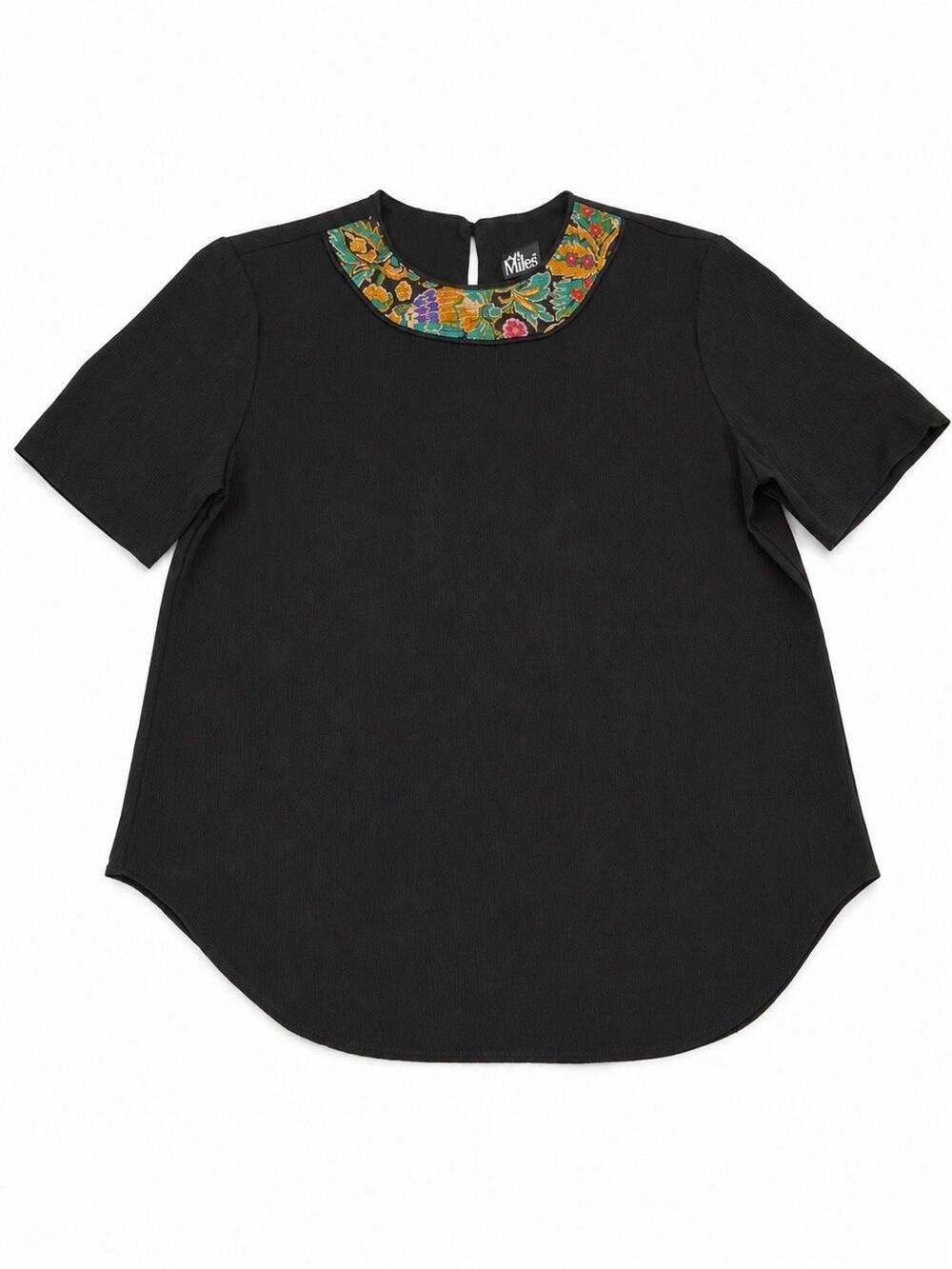 Ali Miles Women’s Black Blouse Floral Embroidered Neck Short Sleeve Tunic Top